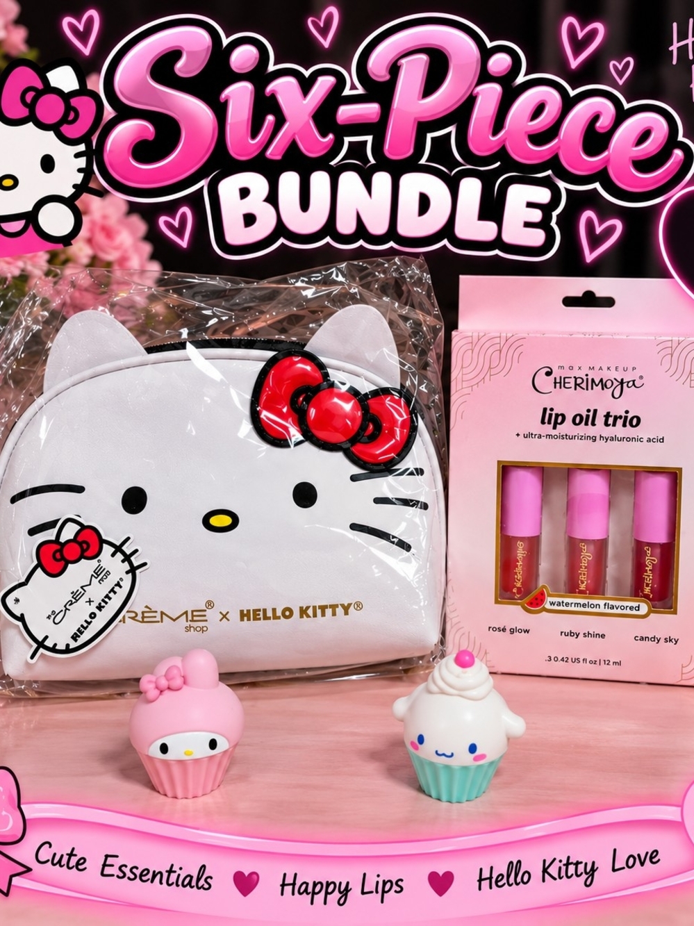 Hello Kitty White Cosmetic Pouch with Pink Lip Oil Trio and Cute Cupcake Balm